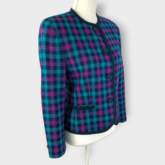 Vintage Pendleton Blazer Green Purple Check Long Sleeve Wool Buttons Size 6 - Picture 2 of 11